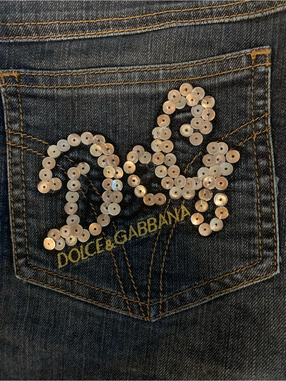 Dolce & Gabbana Dark Blue denim make mini skirt with Gold Sequin Pocket Logo